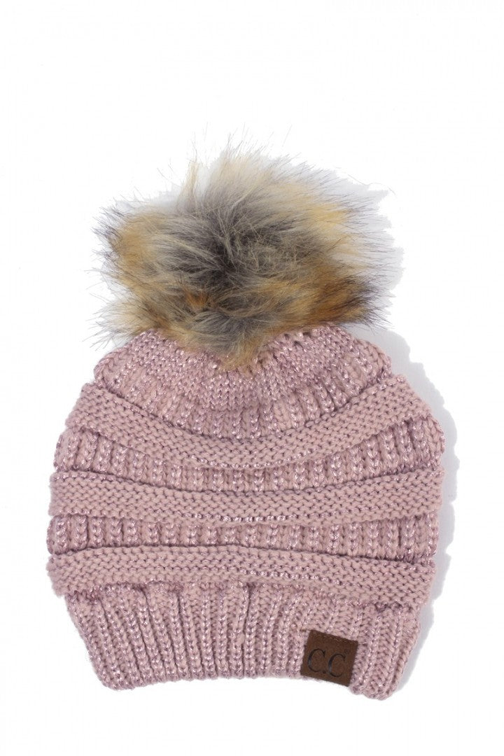 CC Beanie with Faux Fur Pom Pom In Rose