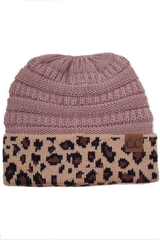 CC Beanie In Taupe With Leopard Trim