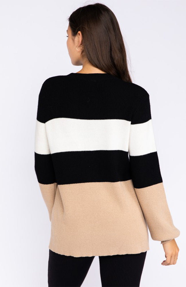 Neutral Color Block Tunic Sweater With Balloon Sleeves