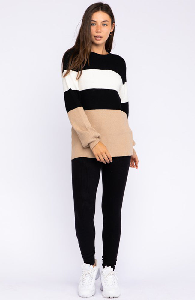 Neutral Color Block Tunic Sweater With Balloon Sleeves