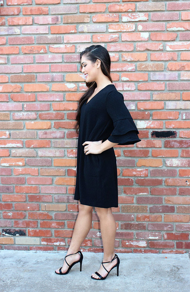 Ruffle Sleeve Shift Dress In Black