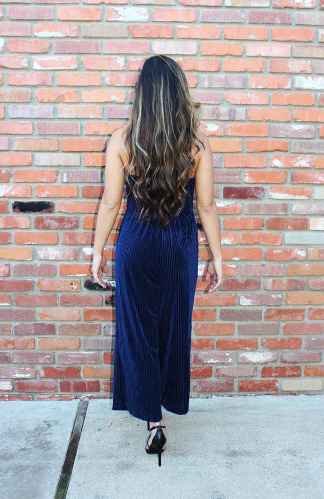 Blue Ribbed Velvet Jumpsuit With Wide Leg Culotte Design