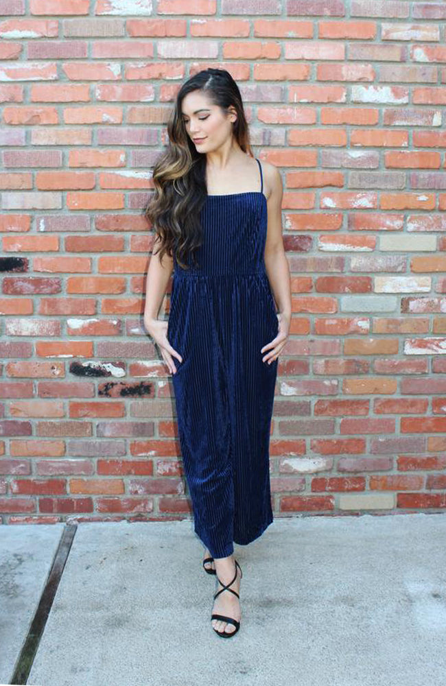 Blue Ribbed Velvet Jumpsuit With Wide Leg Culotte Design
