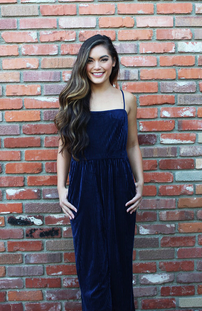 Blue Ribbed Velvet Jumpsuit With Wide Leg Culotte Design