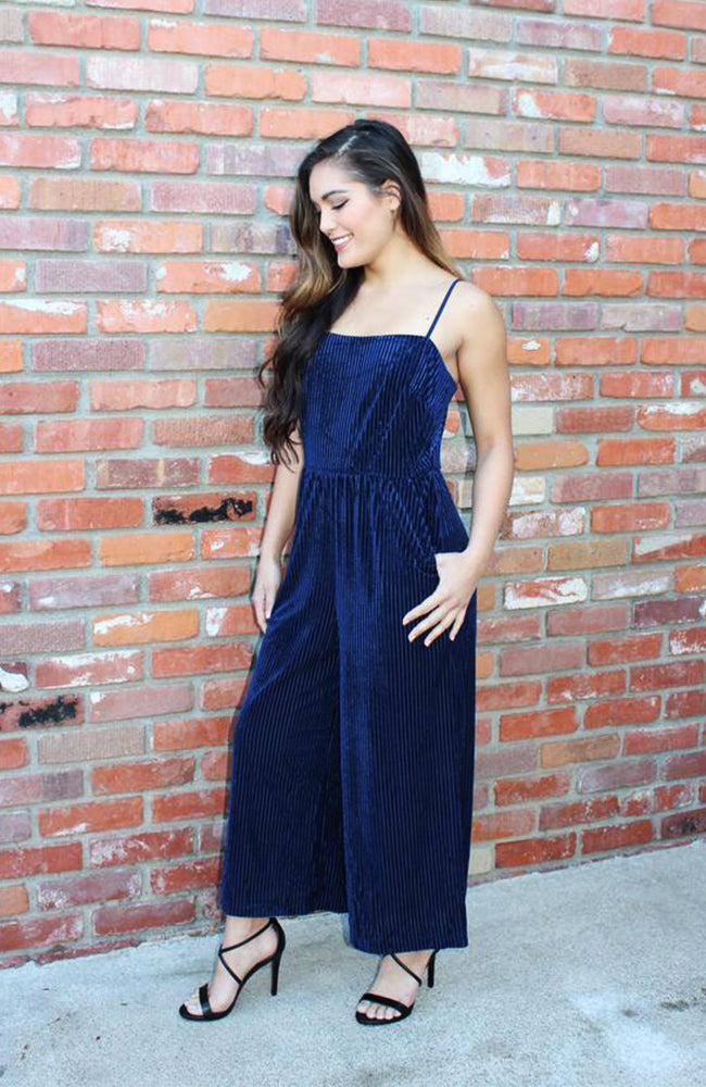 Blue Ribbed Velvet Jumpsuit With Wide Leg Culotte Design