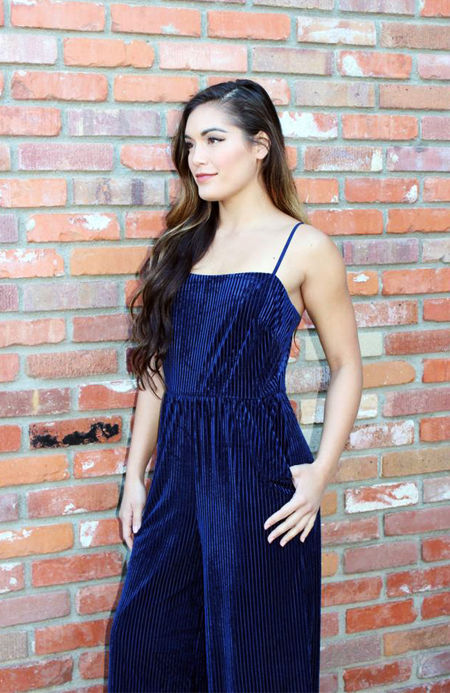 Blue Ribbed Velvet Jumpsuit With Wide Leg Culotte Design