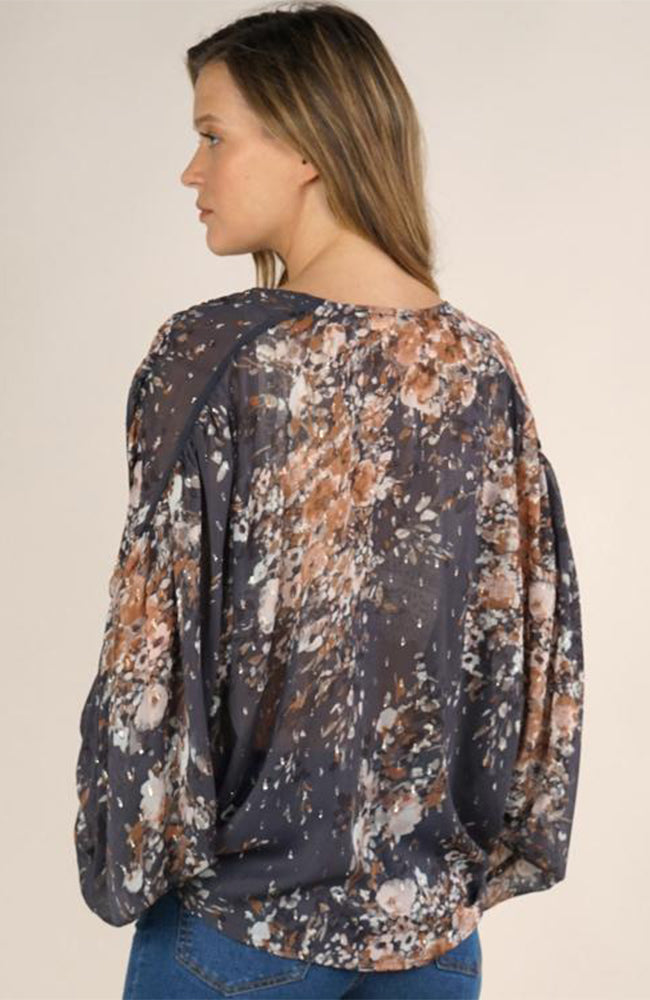 Grey Floral Sheer Surplice Blouse By Love Stitch
