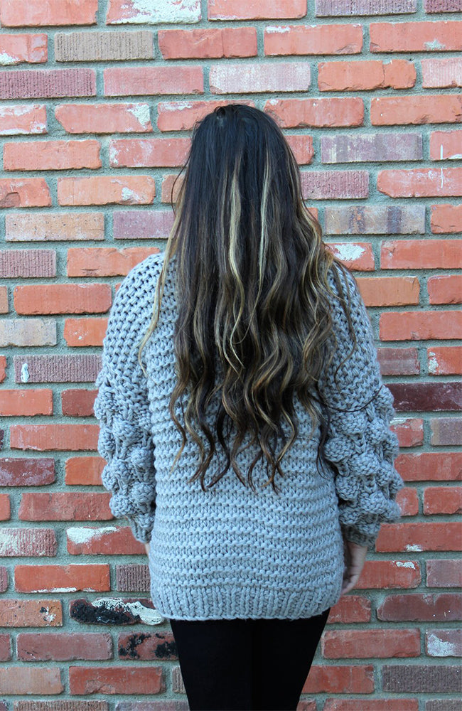 Hand Knit Pom Pom Sweater in Grey