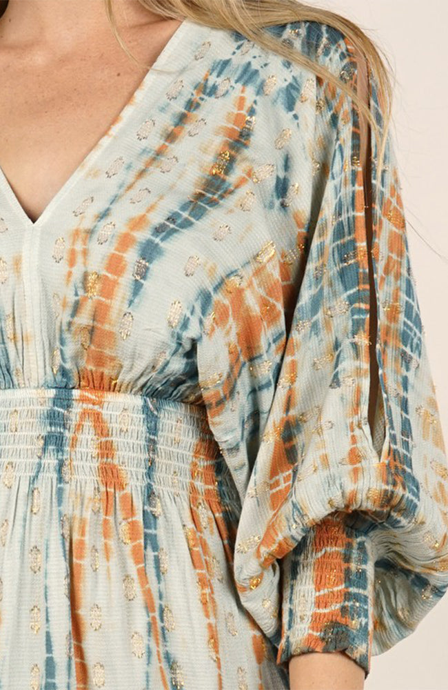 Tie dye Love Stitch mini dress in sage, copper & turquoise