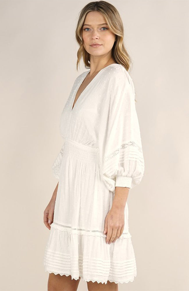 Lace trimmed off white mini dress by Love Stitch