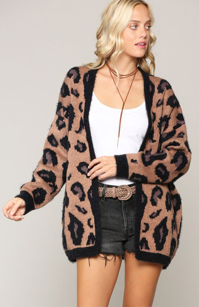 Leopard Print Long Sleeve Open Front Cardigan Camel And Black