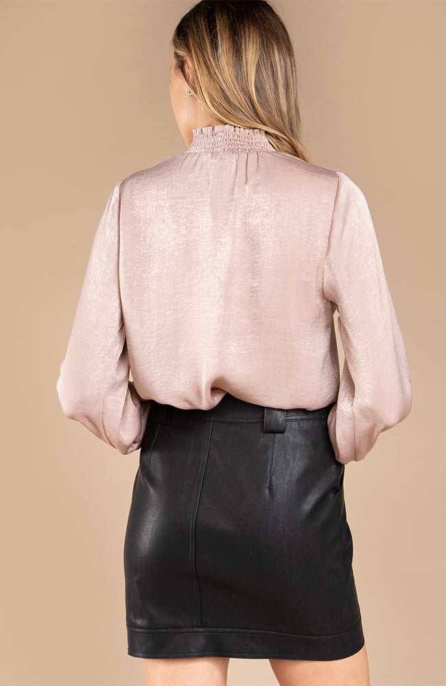 Smocked Mauve Satin Long Sleeve Blouse With Keyhole Detail