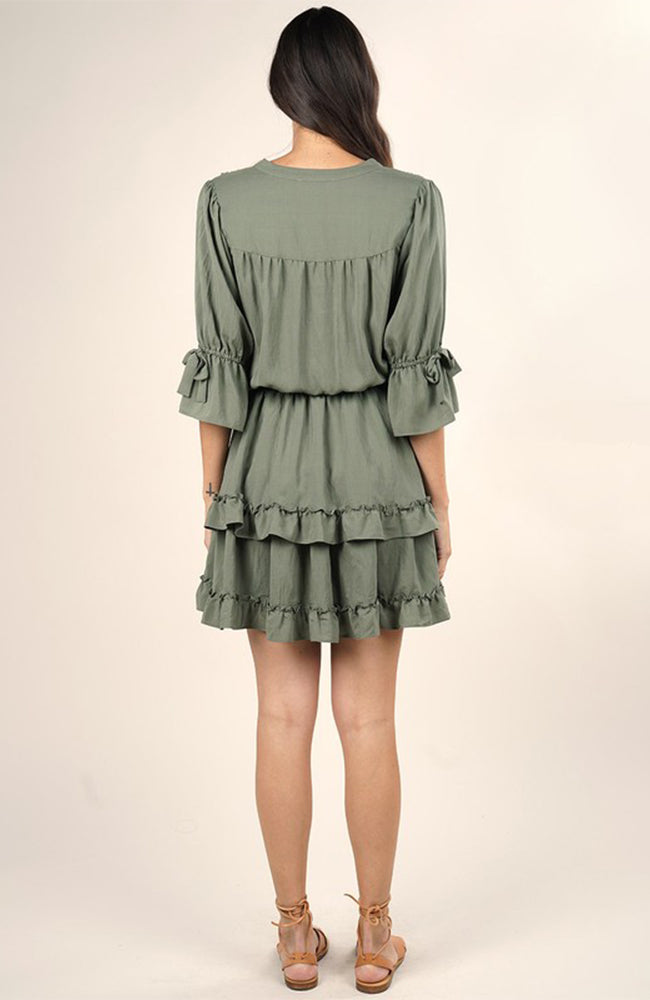 Falling For you Mini Ruffle Dress in Olive