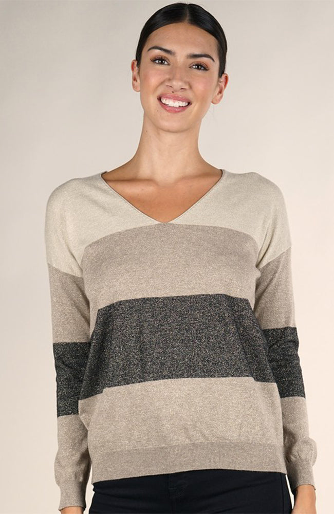 Love Stitch Color Block Metallic V Neck Sweater Front