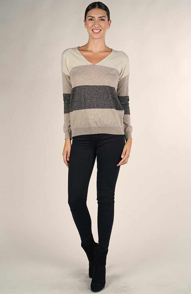 Love Stitch Color Block Metallic V Neck Sweater Front
