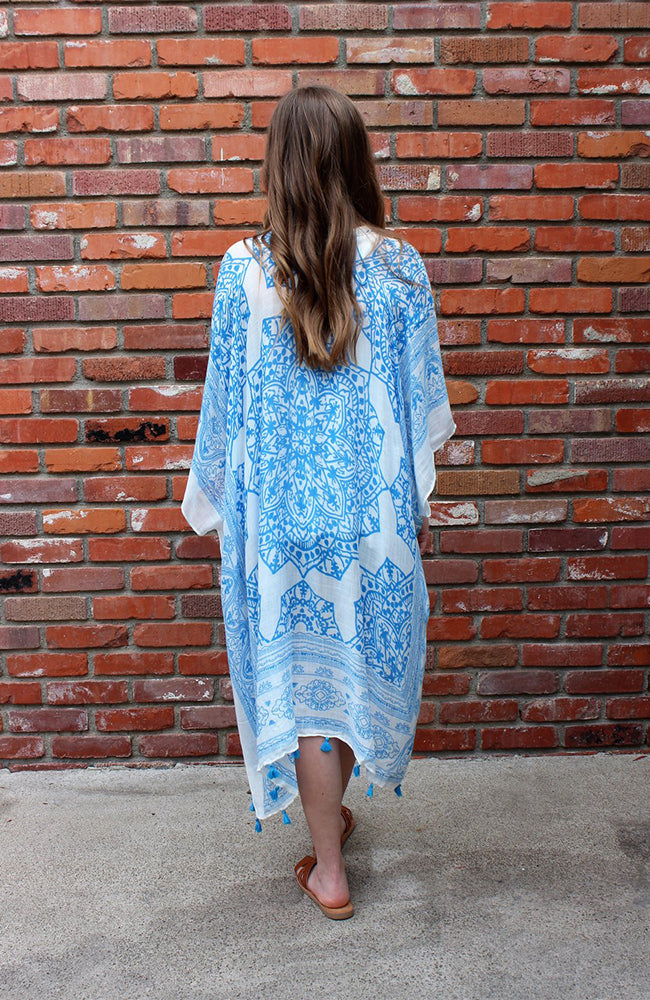French Blue Printed Kimono Kaftan With Tassel Detail