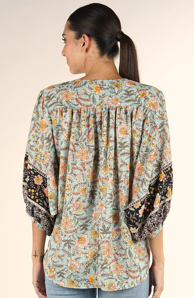 Bohmeian Floral Print Surplice Top In Mint By Love Stitch