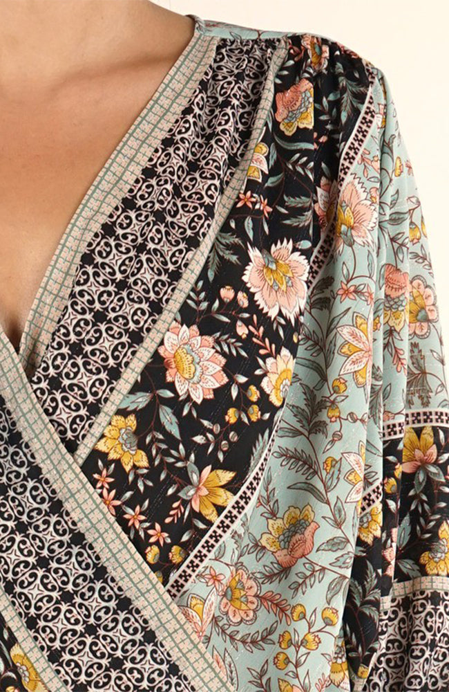 Bohmeian Floral Print Surplice Top In Mint By Love Stitch