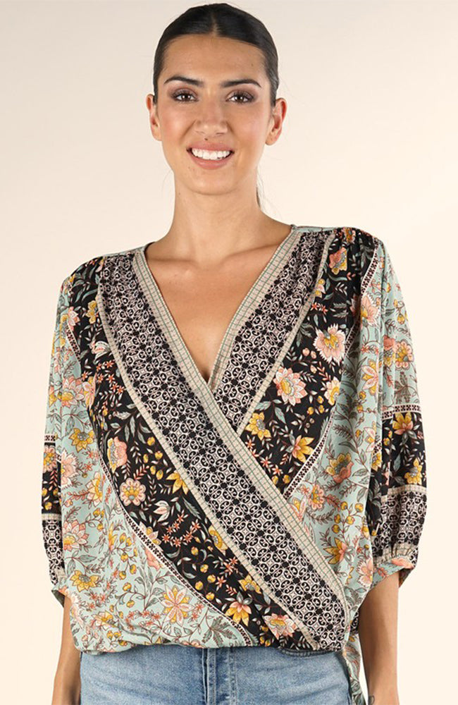 Bohmeian Floral Print Surplice Blouse In Mint By Love Stitch