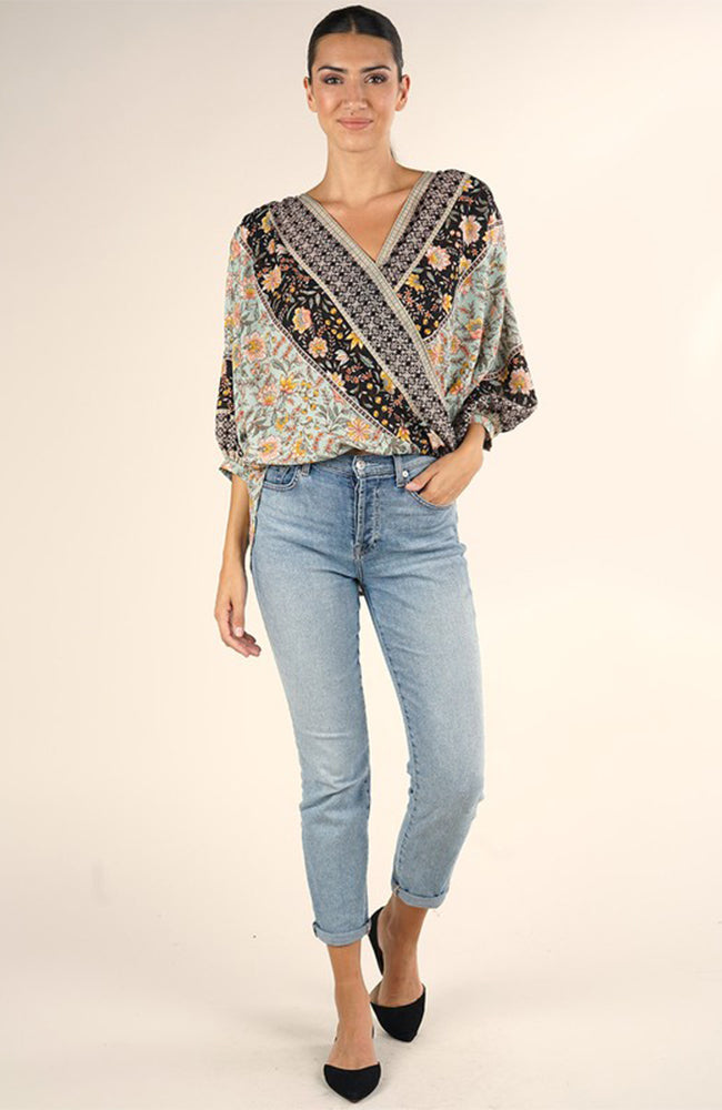 Bohmeian Floral Print Surplice Blouse In Mint By Love Stitch