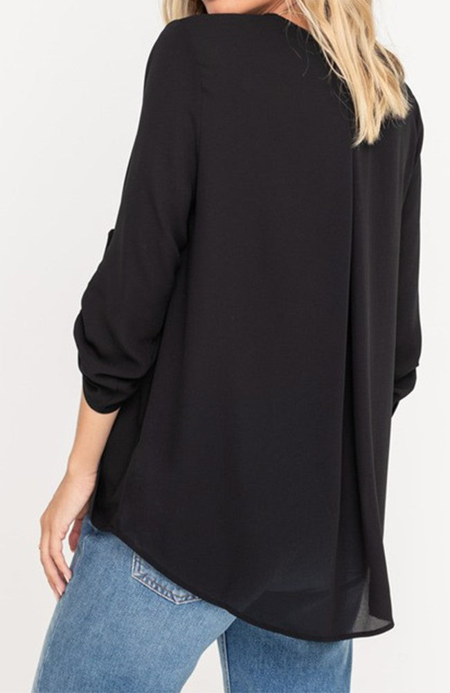 Surplice Blouse With Tabs Sleeves in Black By Lush
