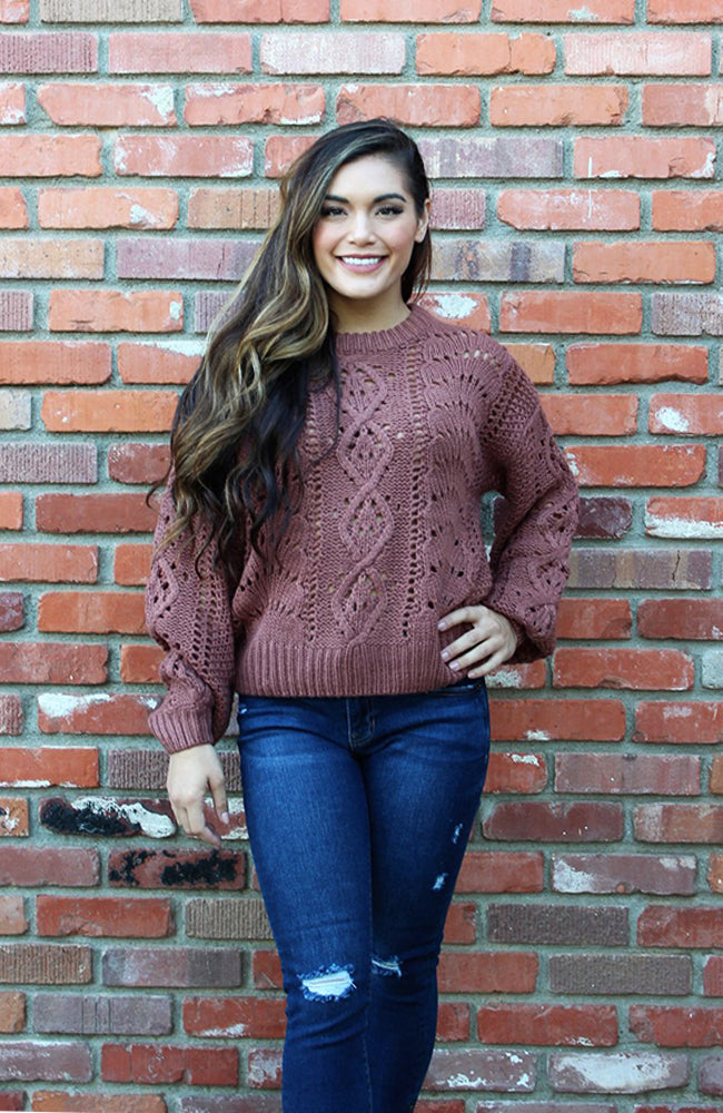 CinnaMauve Bubble Sleeve Cable Knit Sweater