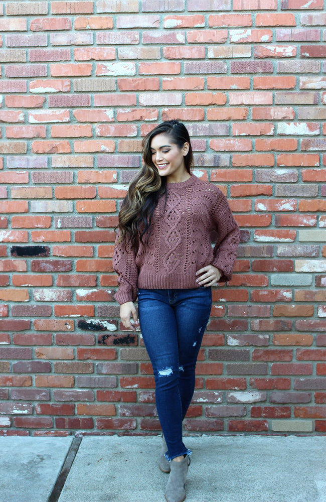 Mauve Cable Knit Sweater with Bubble Sleeves