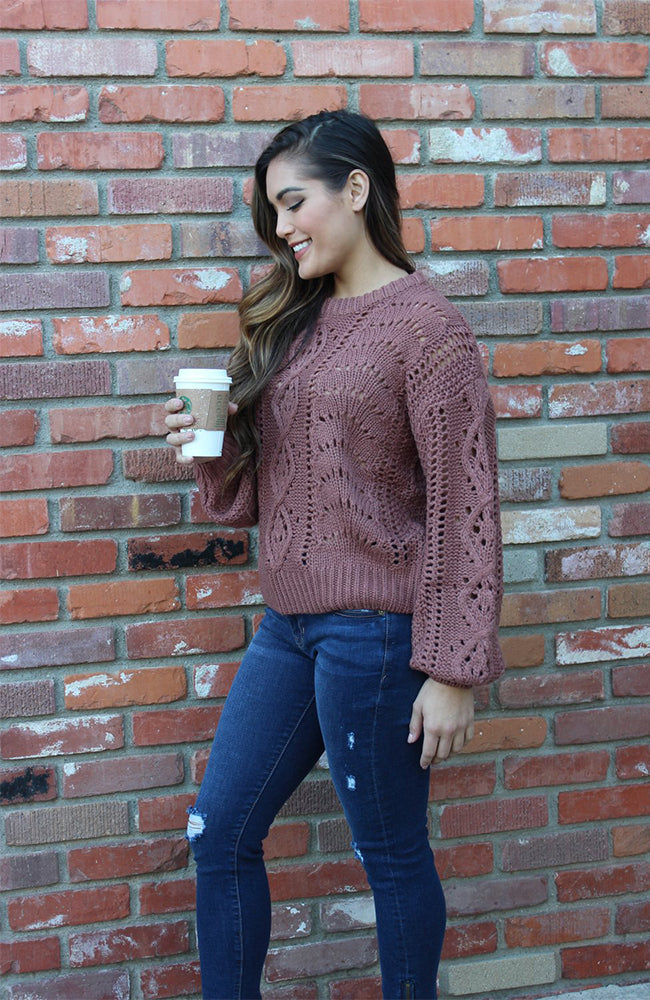 Mauve Cable Knit Sweater with Bubble Sleeves