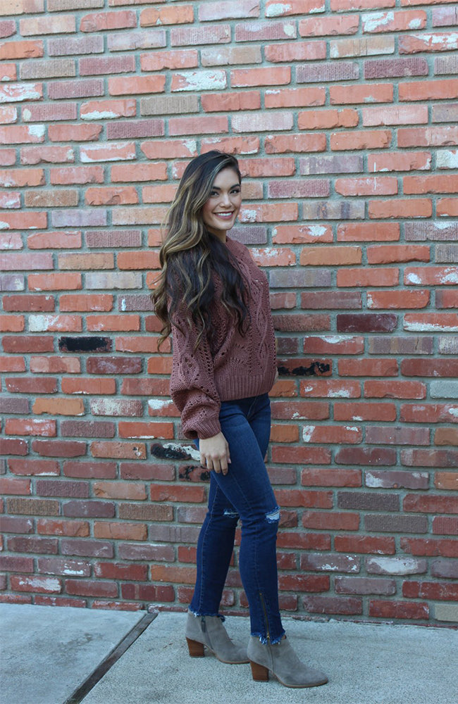 Mauve Cable Knit Sweater with Bubble Sleeves