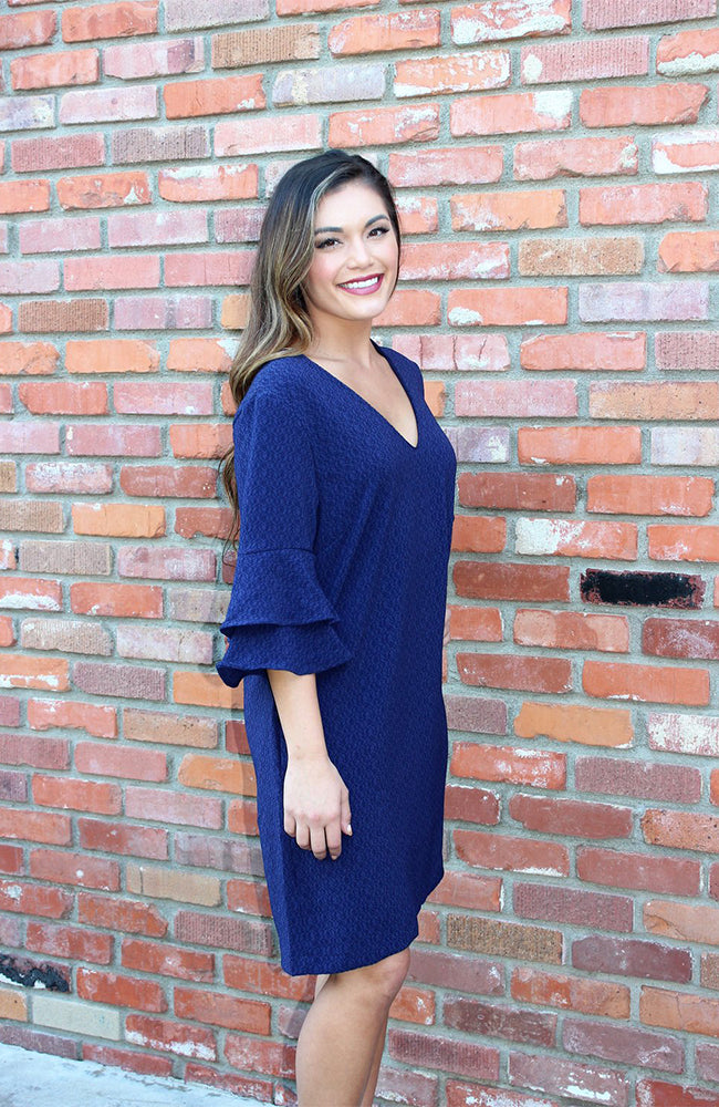 Ruffle Sleeve Shift Dress In Navy