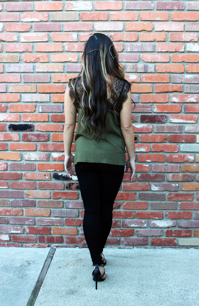 Lingerie Inspired Camisole In Olive With Black Lace Applique
