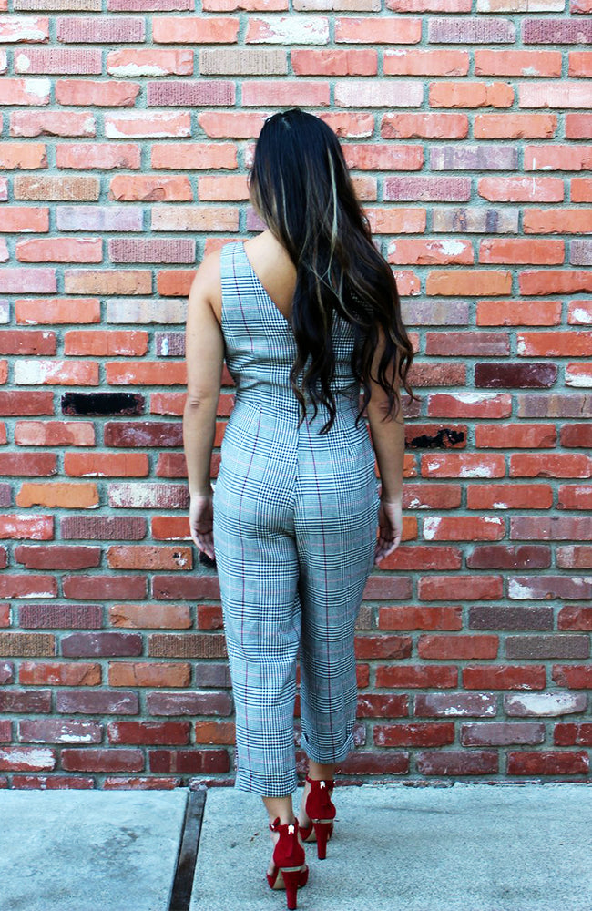 Red, Black, And White Plaid Houndstooth  Pocketed Jumpsuit With Wrap Design Top And Side Tie