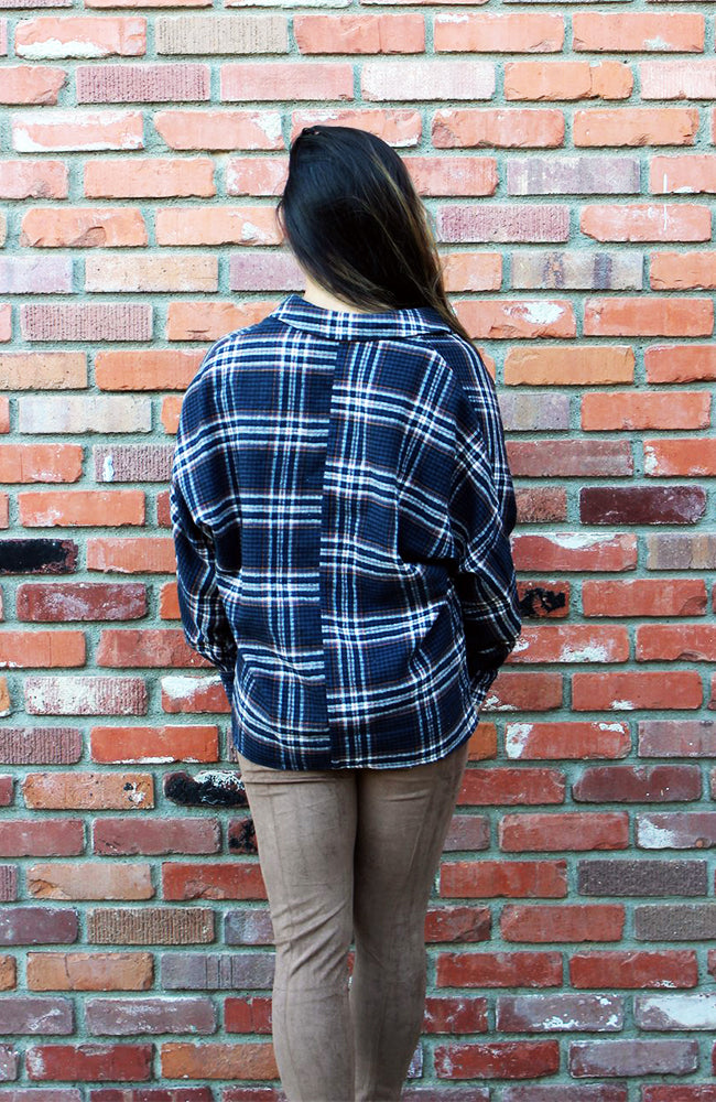 Blue And Copper Collared Plaid Top With Slight Dolman Sleeves