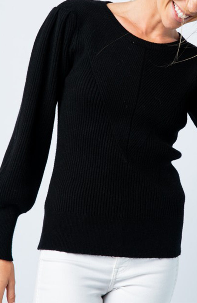 Black fitted crew neck sweater with puff balloon sleeves