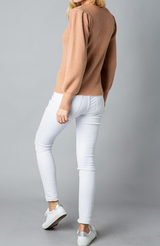 Tan Crew Neck Sweater With Puff Balloon Sleeves