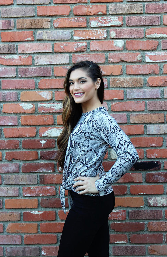 Grey and Black Snakeskin Print Sweater With Tie Waist By Olivaceous
