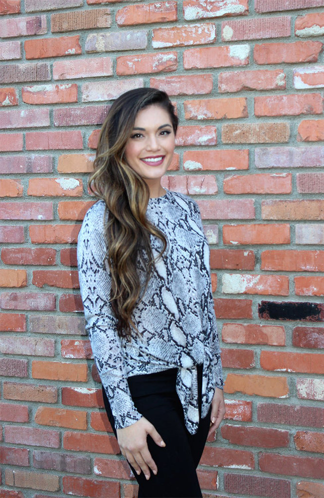 Grey and Black Snakeskin Print Sweater With Tie Waist By Olivaceous