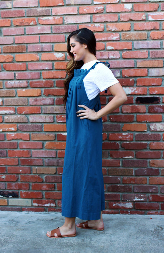Teal Jumpsuit With Tie Shoulder Straps, Culotte Length, And Wide Leg Silhouette