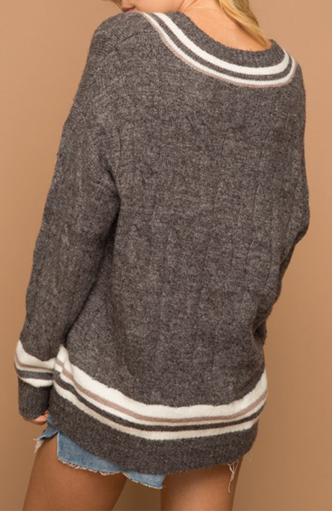 Gray and Taupe V Neck Varisty Sweater
