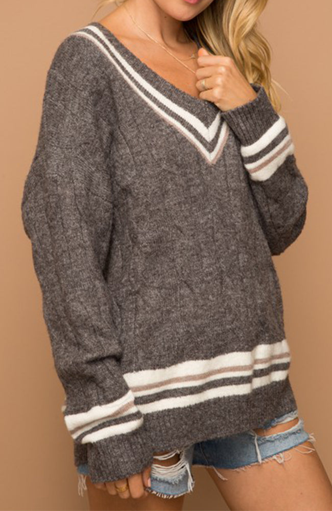 Gray and Taupe V Neck Varisty Sweater