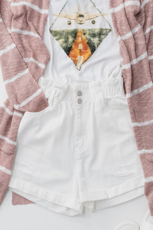 High Waist Distressed Denim Shorts in White