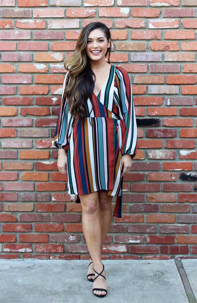Wrap Dress in Multi Color Vertical Stripes