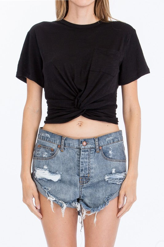 Black Knotted Cropped Crew Neck T Shirt