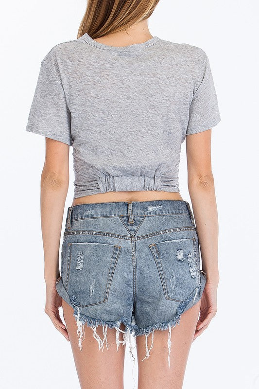 White Knotted Cropped Crew Neck T-Shirt