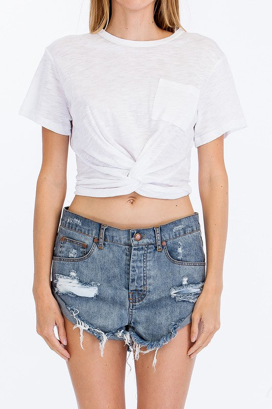 White Knotted Cropped Crew Neck T-Shirt