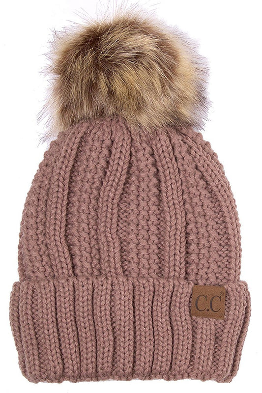 CC Beanie with Faux Fur Pom Pom In Taupe