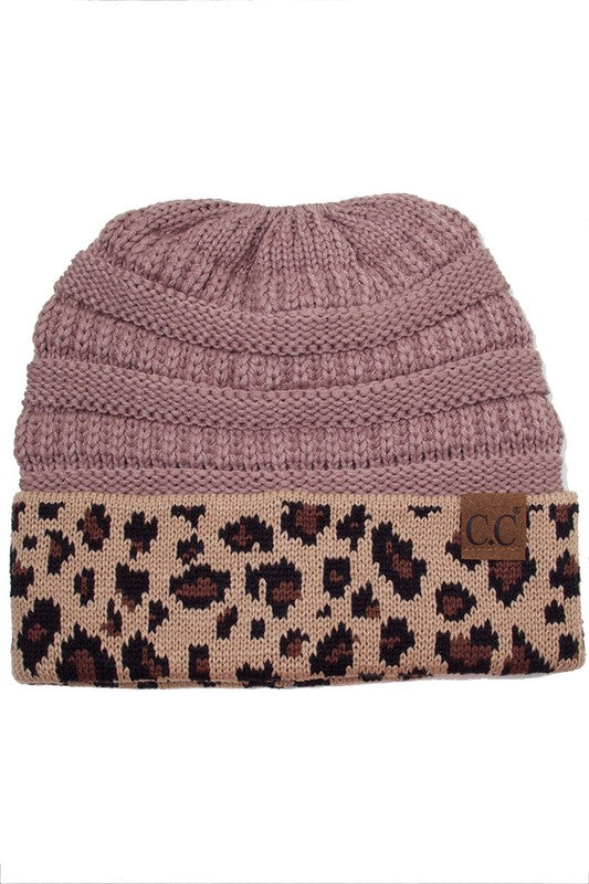 CC Beanie In Taupe With Leopard Trim