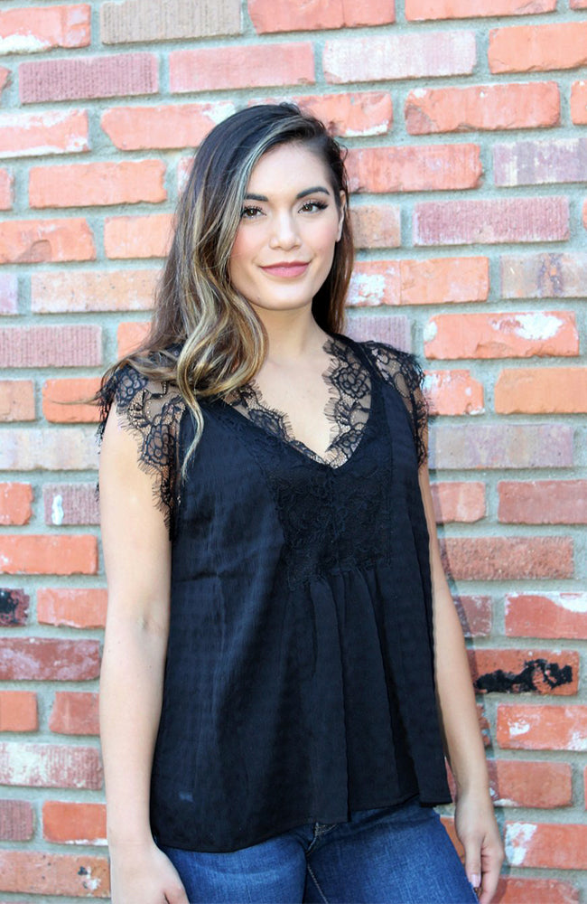 Black Chiffon Camisole With Black Lace Detail