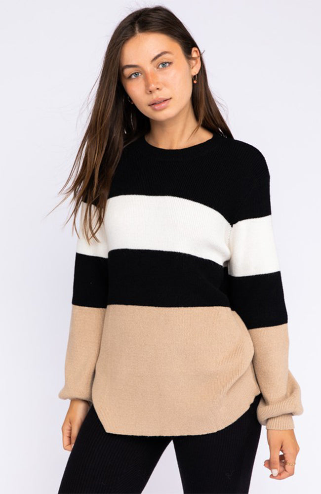 Neutral Color Block Tunic Sweater With Balloon Sleeves