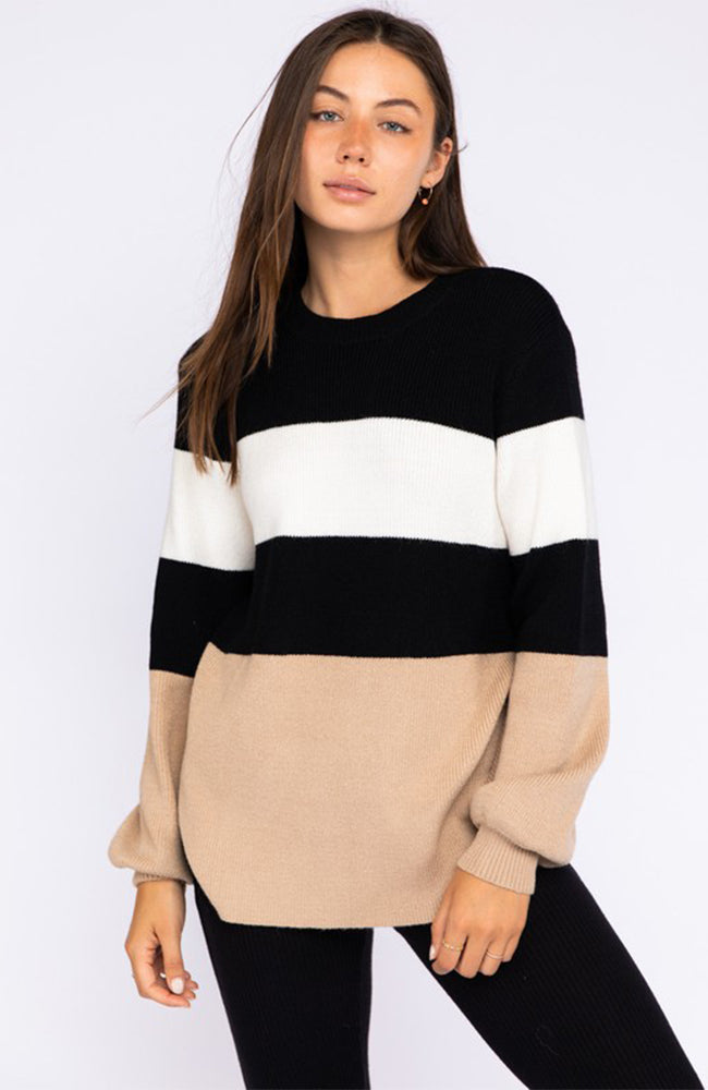 Neutral Color Block Tunic Sweater With Balloon Sleeves
